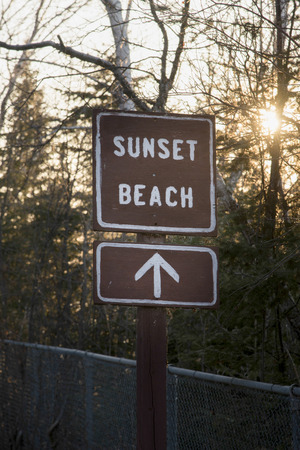 Sign board of Sunset Beach, Hecla Grindstone Provincial Park, Manitoba, Canadaの写真素材