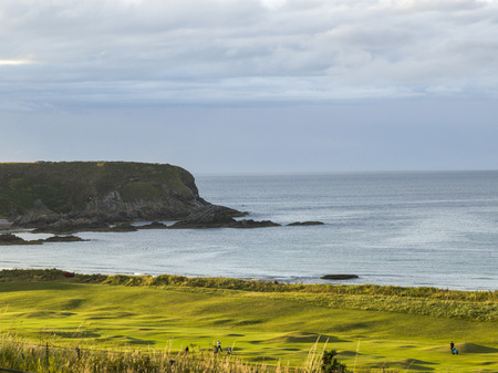 Scenic view of golf course at coast, Cullen, Moray, Scottish Highlands, Scotlandの写真素材