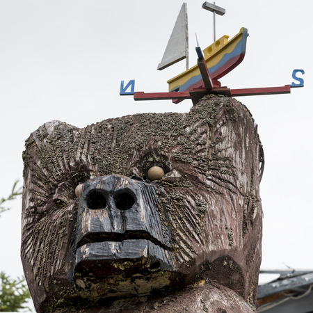 Wooden sculpture at harbor, Moser River, Marine Drive, Nova Scotia, Canadaの写真素材