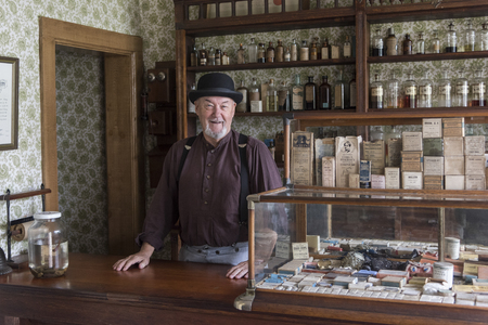 Portrait of a pharmacist in pharmacy, Sherbrooke, Nova Scotia, Canadaのeditorial素材