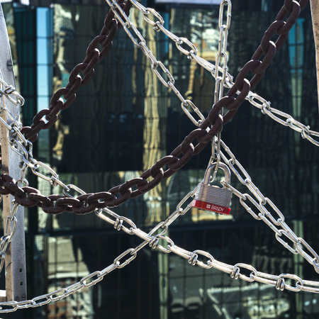 Close-up of padlock and chains at bridge, Minneapolis, Hennepin County, Minnesota, USA