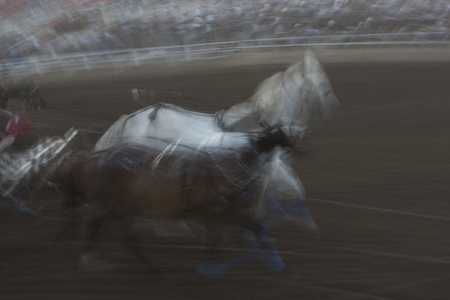 Blurred motion of chuckwagon racing at the annual Calgary Stampede, Calgary, Alberta, Canadaの写真素材