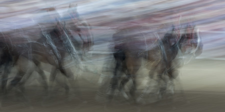 Blurred motion of chuckwagon racing at the annual Calgary Stampede, Calgary, Alberta, Canadaの写真素材
