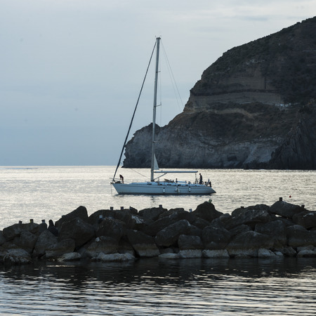 Boat sailing in Gulf of Naples, Sant'Angelo, Ischia Island, Campania, Italy