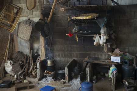 Wood burning stove in traditional kitchen, Chiang Rai, Thailandのeditorial素材