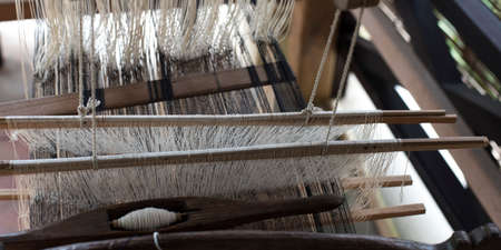 Close-up of threads on a loom, Luang Prabang, Laosの写真素材