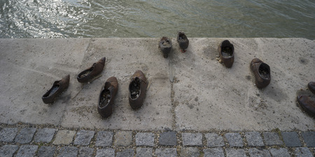 Sculpture of shoes by East bank of the Danube River by sculptor Gyula Pauer to honor the people who...
