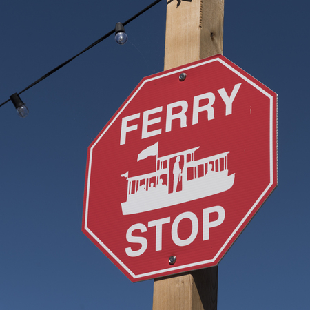 Low angle view of Ferry Stop sign, Fisherman's Wharf, Inner Harbour, Victoria, Vancouver Island, British Columbia, Canadaの写真素材