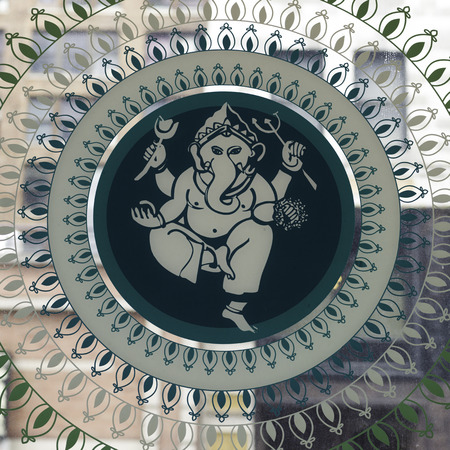 Illustration of Lord Ganesh on glass, New York City, New York State, USAの写真素材