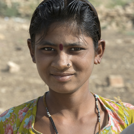 Portrait of a woman smiling, Jaisalmer, Rajasthan, Indiaのeditorial素材
