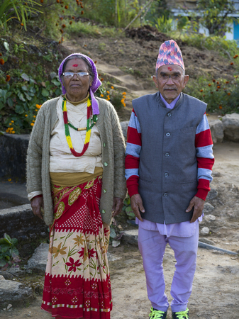 Portrait of a native senior couple standing together, Radhu Khandu Village, Sikkim, Indiaのeditorial素材