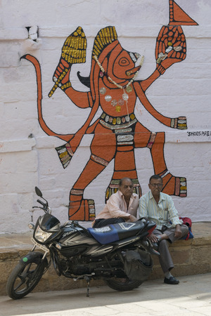 Lord Hanuman a Hindu god painted on a wall, Jaisalmer Fort, Jaisalmer, Rajasthan, Indiaのeditorial素材