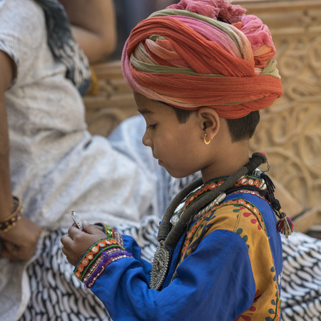 Close-up of a boy in traditional attire, Jaisalmer Fort, Jaisalmer, Rajasthan, India