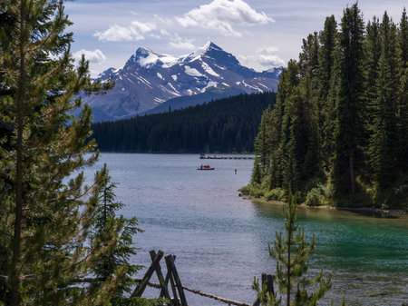 Scenic view of Maligne Lake with mountain in the background, Maligne Canyon, Jasper National Park, Jasper, Alberta, Canadaのeditorial素材
