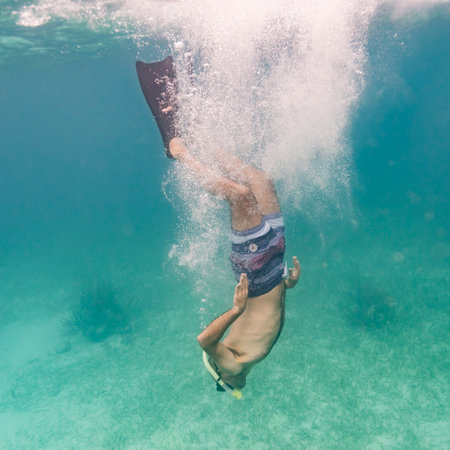 Man snorkeling, Turneffe Atoll, Belize Barrier Reef, Belizeのeditorial素材