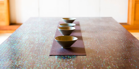Rows of bowls in Buddhist temple, Bukchon Hanok Village, Seoul, South Koreaのeditorial素材