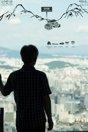Silhouette of a person standing at window in observation tower, N Seoul Tower, Namsan Park, Namsan Mountain, Seoul, South Koreaのeditorial素材