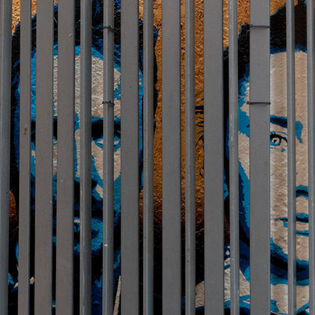 View of faces painted on a wall seen through the metal grate, City of Cork, County Cork, Irelandのeditorial素材