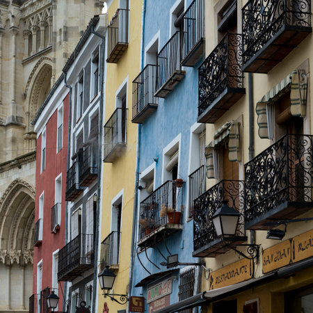 Windows and balconies of apartments, Cuenca, Cuenca Province, Castilla La Mancha, Spainのeditorial素材
