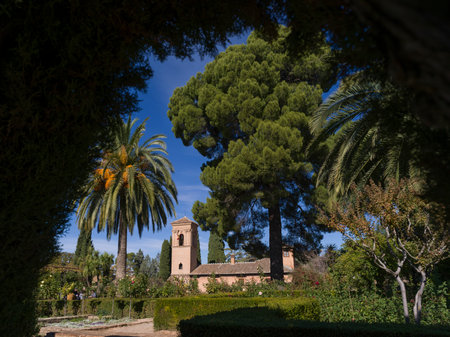 Bell tower seen from garden of Alhambra Palace, Alhambra, Granada, Spainのeditorial素材