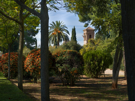 Bell tower seen from garden of Alhambra Palace, Alhambra, Granada, Spainのeditorial素材