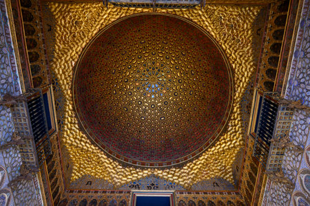 Golden decorative ceiling of Alcazar Palace, Plaza De Espana, Seville, Seville Province, Spainのeditorial素材