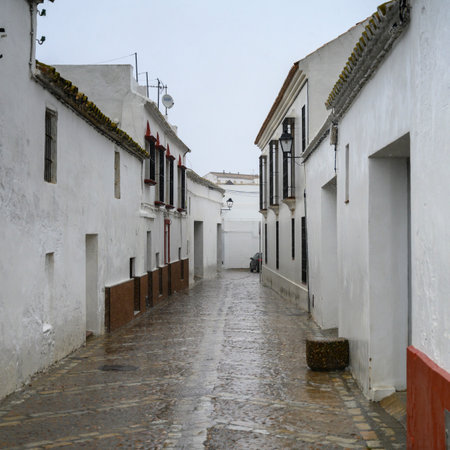 The stucco walls of white houses along alley in Carmona, Seville, Seville Province, Spainのeditorial素材