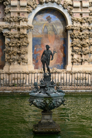 Mercury fountain at the Alcazar Palace, Plaza De Espana, Seville, Seville Province, Spainのeditorial素材