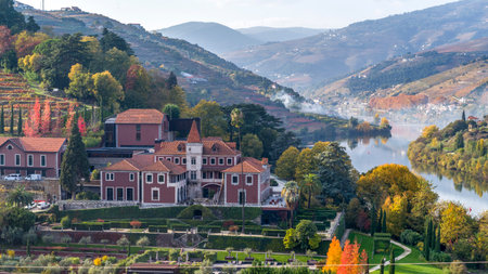 Elevated view of Six Senses Hotel, Douro River, Douro Valley, Portugalのeditorial素材