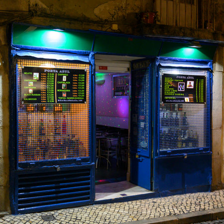 Drink menu and display outside a restaurant, Encarnacao, Lisbon, Portugalのeditorial素材