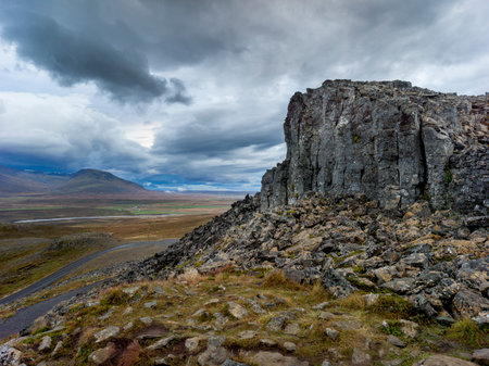 View of rock formations, Borgarvirki, Hunaï¿½ing Vestra, Northwestern Region, Icelandのeditorial素材