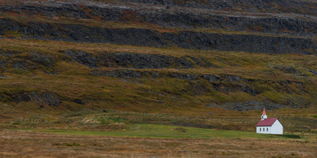 View of a church on field, Suoavï¿½k, Westfjords, Icelandのeditorial素材