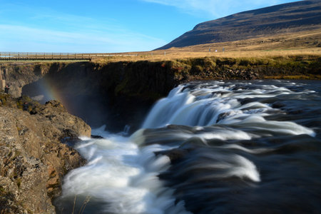 Scenic view of Kolufossar Falls, Kolugljufur Gorge, Hunaï¿½ing Vestra, Northwestern Region, Icelandのeditorial素材