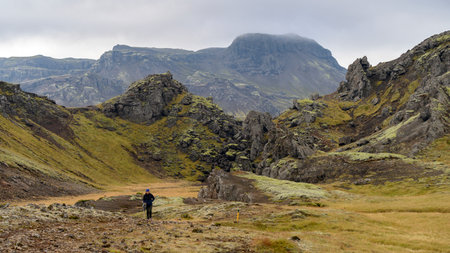 Woman standing in rocky field, Grimsnes- og Grafningshreppur, Southern Region, Icelandのeditorial素材
