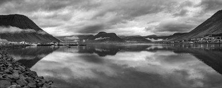 Reflection of clouds on water, Isafjorour, Isafjaroarbaer, Westfjords Region, Icelandのeditorial素材