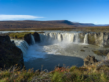 Scenic view of waterfall, Godafoss Waterfall, Pingeyjarsveit, Northeastern Region, Icelandのeditorial素材