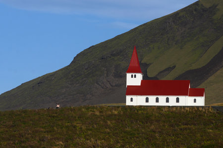 Church on a hill, Village of Vik, Myrdalshreppur, Southern Region, Icelandのeditorial素材