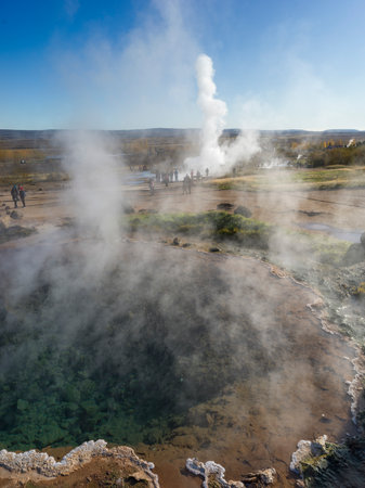 Smoke erupting from Geyser, Blaskogabyggo, Southern Region, Icelandのeditorial素材