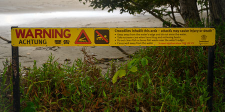 Crocodile warning sign on the beach, Thornton Beach, Far North Queensland, Queensland, Australiaのeditorial素材