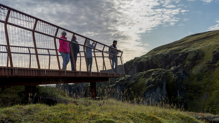 Tourists at Fjardarargljufur Canyon viewpoint, Skaftarhreppur, Southern Region, Icelandのeditorial素材