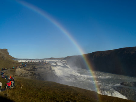 Rainbow at Gullfoss Waterfall, Blaskogabyggd, Southern Region, Icelandのeditorial素材