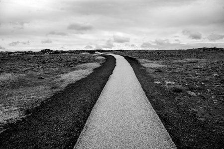 Path passing through volcanic landscape, Reykjanesbaer, Southern Peninsula Region, Icelandのeditorial素材