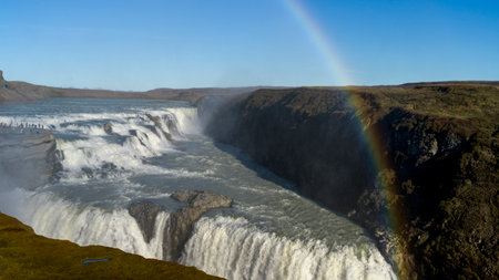 Rainbow over Gullfoss Falls, Hvita River, Blaskogabyggo, Southern Region, Icelandのeditorial素材