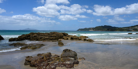 Scenic view of beach, Langs Beach, Waipu, Bream Bay, Far North District, North Island, New Zealandのeditorial素材