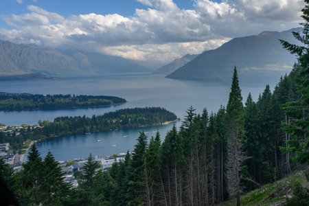 View of lake from Skyline gondola, Ben Lomond Scenic Reserve, Queenstown, Otago Region, South Island, New Zealandのeditorial素材