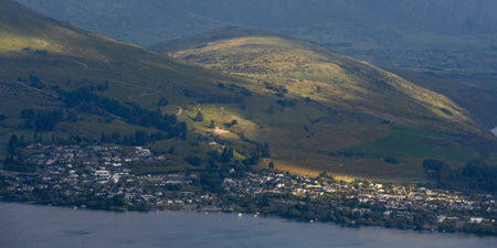 Coastal town on a hill, Ben Lomond Scenic Reserve, Queenstown, Otago Region, South Island, New Zealandのeditorial素材
