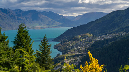 Lake surrounded by mountains, Lake Wakatipu, Queenstown Hill Time Walkway, Queenstown, Otago Region, South Island, New Zealandのeditorial素材