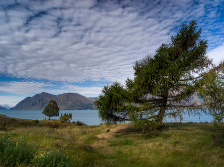 Clouds over lake, Lake Hawea, Wanaka, Otago Region, South Island, New Zealandのeditorial素材