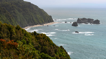 Rock formations along the ocean, Knight's Point, Fox Glacier-Haast, Whataroa, West Coast Region, South Island, New Zealandのeditorial素材
