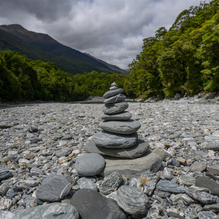 Stack of stones, Mt. Aspiring National Park, Makarora, Wanaka, Otago Region, South Island, New Zealandのeditorial素材